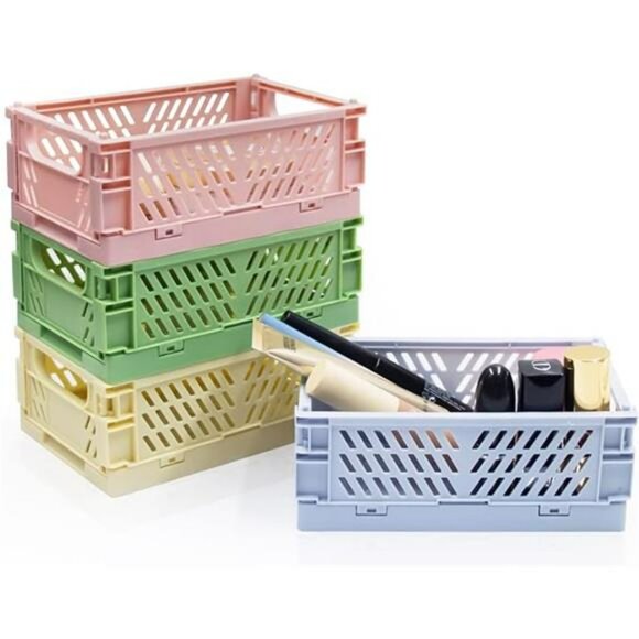 Mini Foldable Plastic Storage Baskets Set of 4 Small Drawer Organizer Crates - Picture 7 of 7